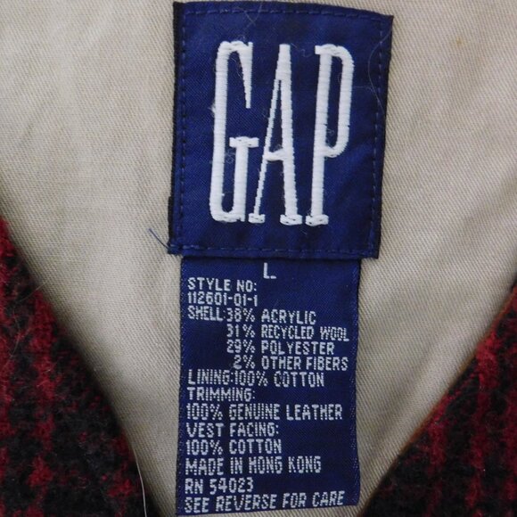 Vintage Gap Wool Blend Vest Hunting Red Buffalo Plaid Leather Size Large - Picture 4 of 6